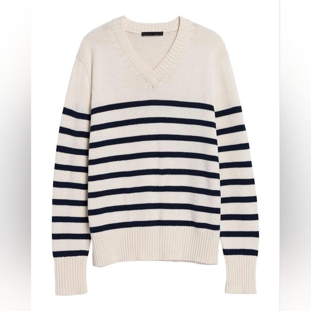 NWOT Jenni Kayne Cotton Kate V-Neck Sweater Ivory Navy Stripe XS-S Oversized - Picture 10 of 10